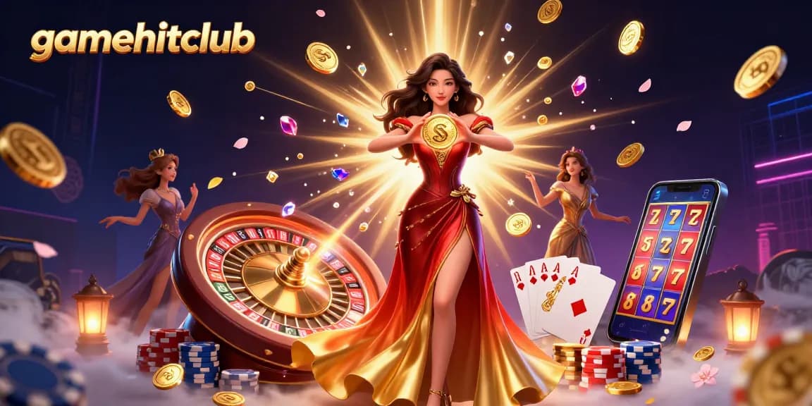 Engage with gamehitclub's vibrant offerings as an Asian woman holds a golden coin amid casino elements.