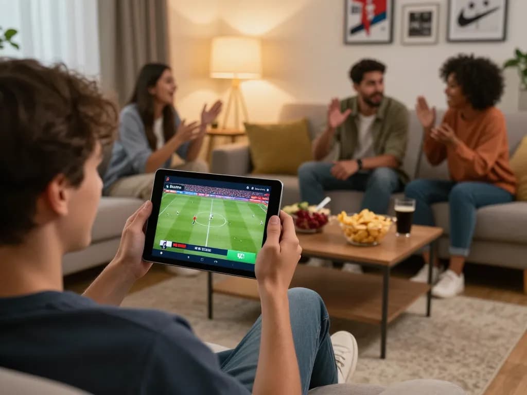 Socolive trực tiếp bóng đá experience with friends enjoying a live match streaming on a tablet, engaging in conversation.