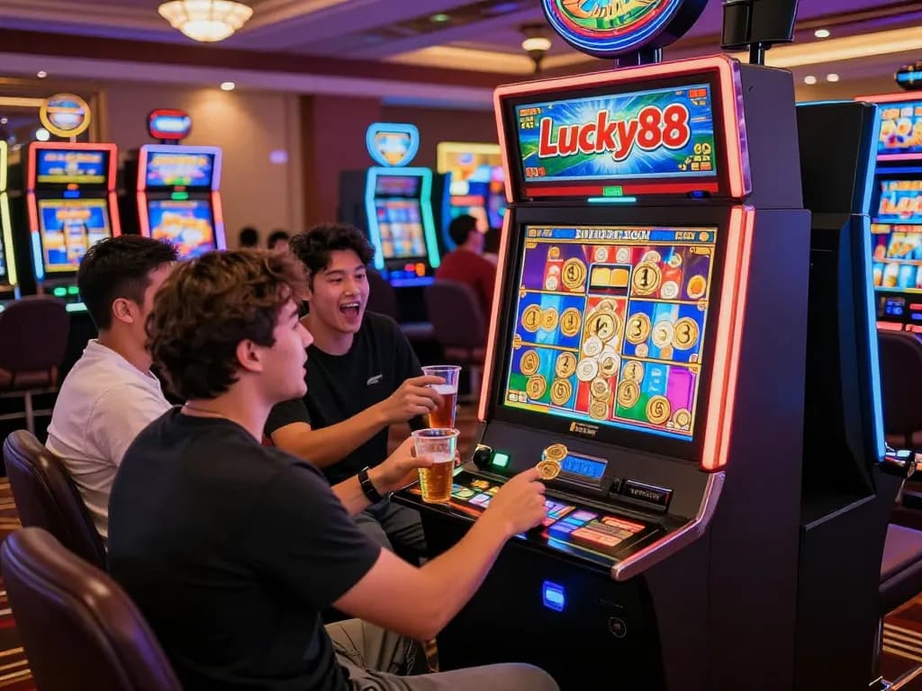 Excited players experiencing Lucky88 slot machine game in a lively casino setting with colorful lights.