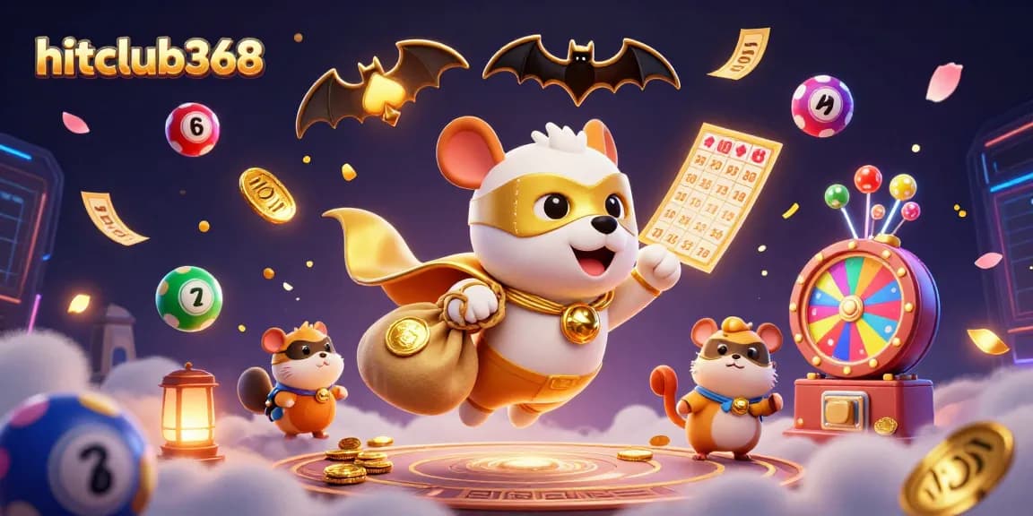 Experience thrilling gaming with hitclub368 featuring a superhero dog amidst colorful lottery elements.