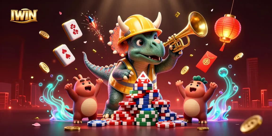 IWIN brings excitement with a triceratops and parasaurolophus celebrating at a dynamic casino scene.