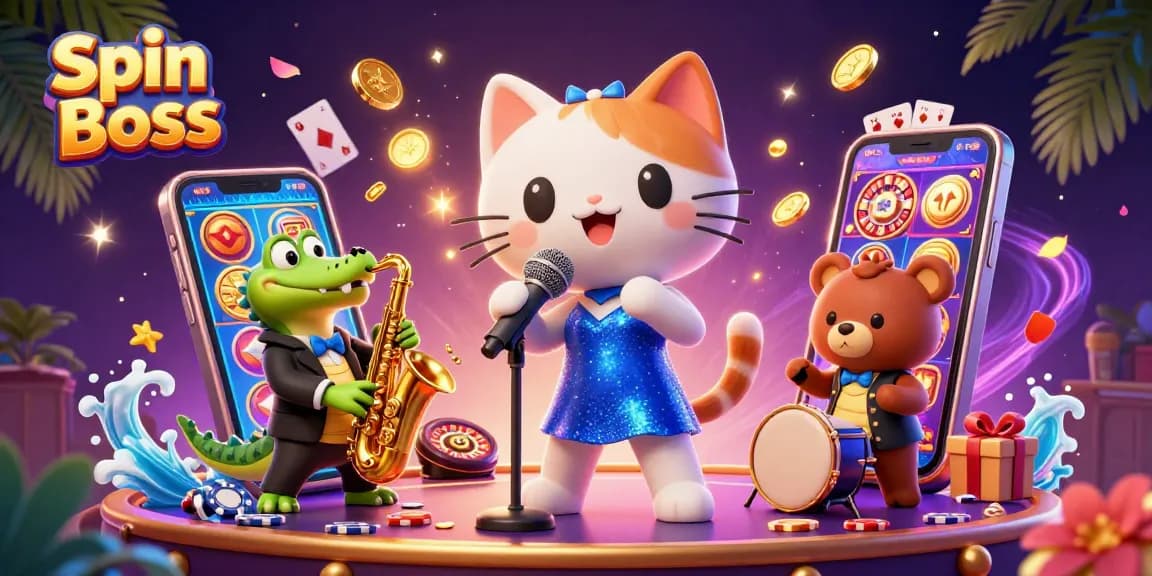 Experience the thrill of Spin Boss with vibrant casino characters performing amidst colorful slot games and festive decor.