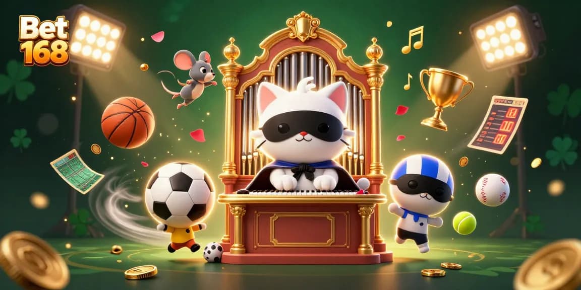 Bet 168 showcases a vibrant 3D casino scene with a masked cat, mouse acrobat, and dynamic sports elements.
