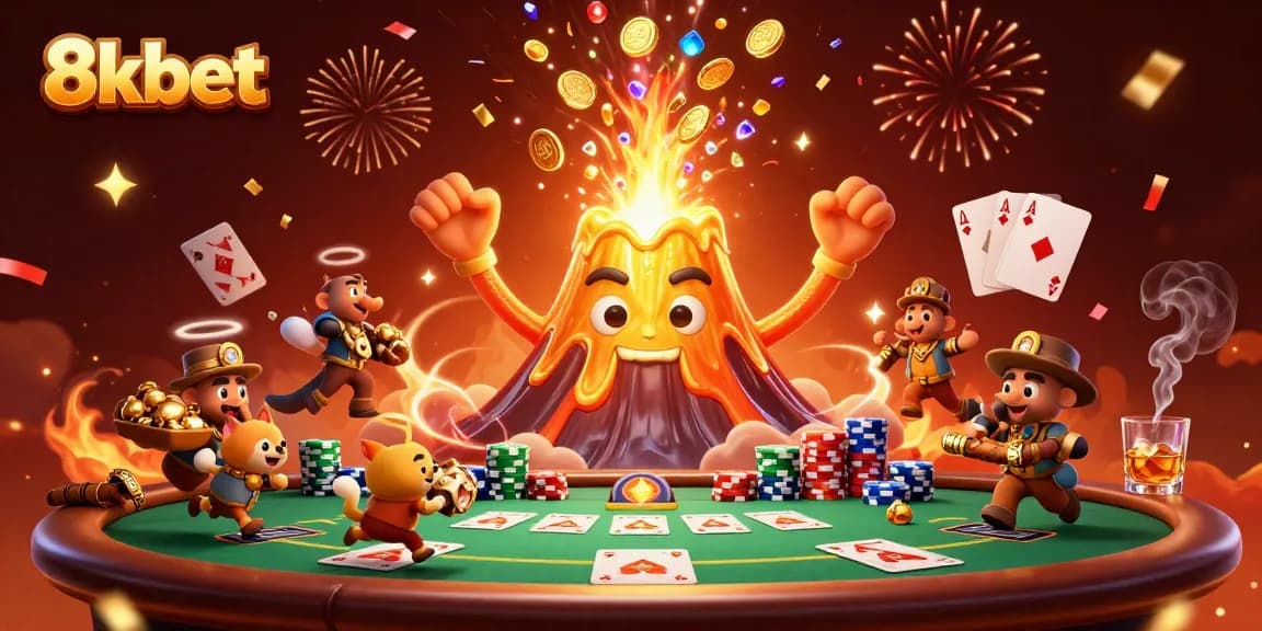 8kbet unveils excitement at a golden volcano casino with treasures, poker chips, and immersive gaming.
