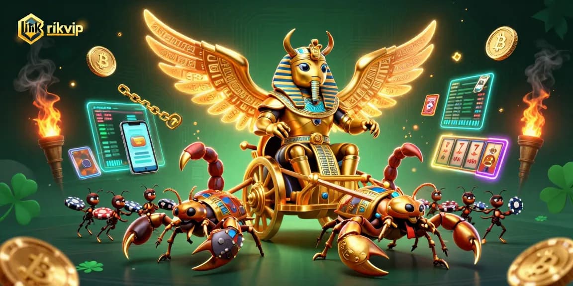 Join the excitement with link rikvip, featuring a golden scarab beetle and scorpions amidst vibrant casino elements.