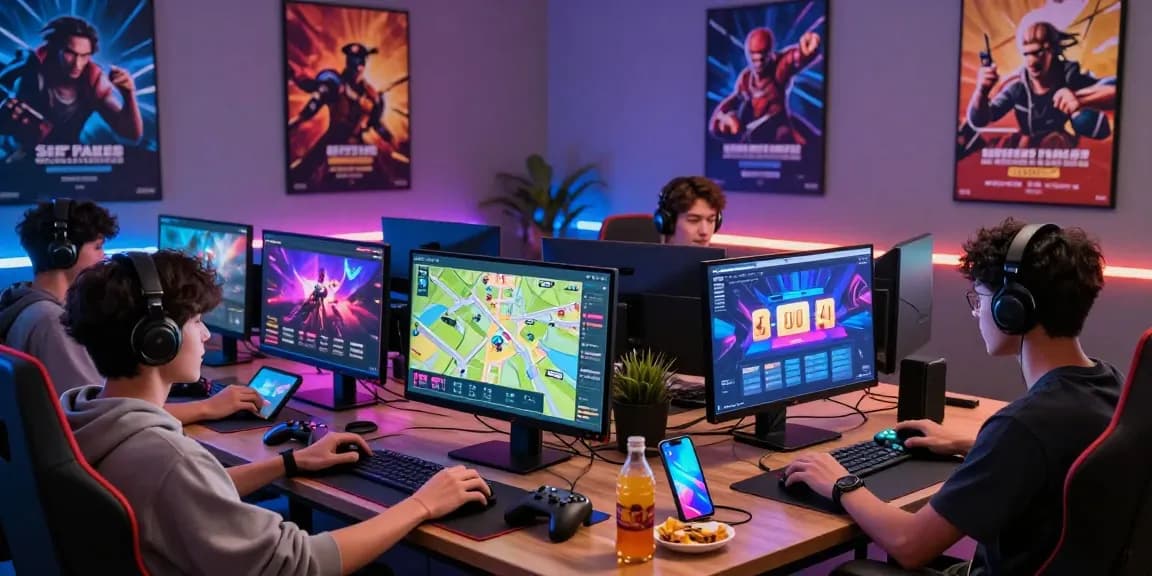 Engaged gamers exploring XX88 online platform with multi-device setup and modern gaming room.
