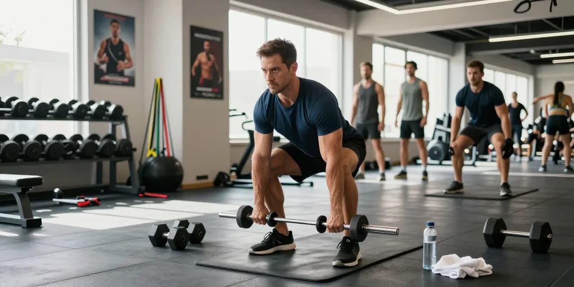 Training with Prime Pharma Steroiden: Athletic man lifting weights in a modern gym setting.