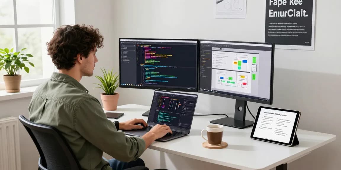 Build internal tools with AI in a modern tech workspace, showcasing a developer coding with flowcharts and inspirational decor.