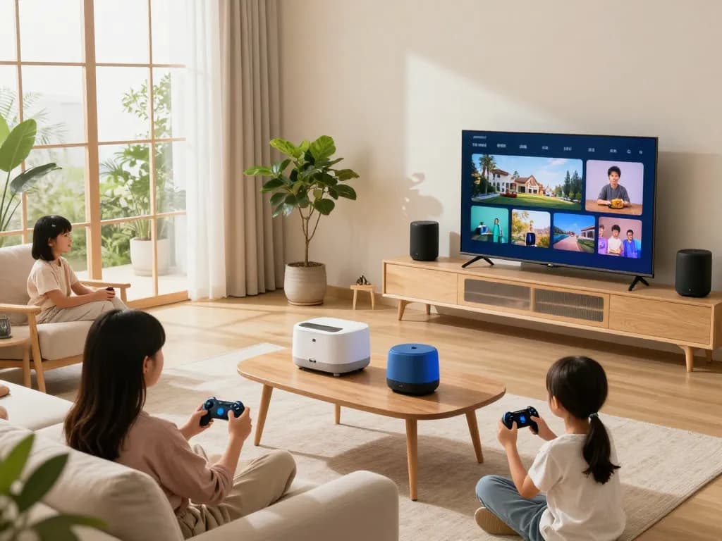 Tech gadgets for home integrated seamlessly into a cozy living room with family enjoying Bluetooth devices and smart solutions.