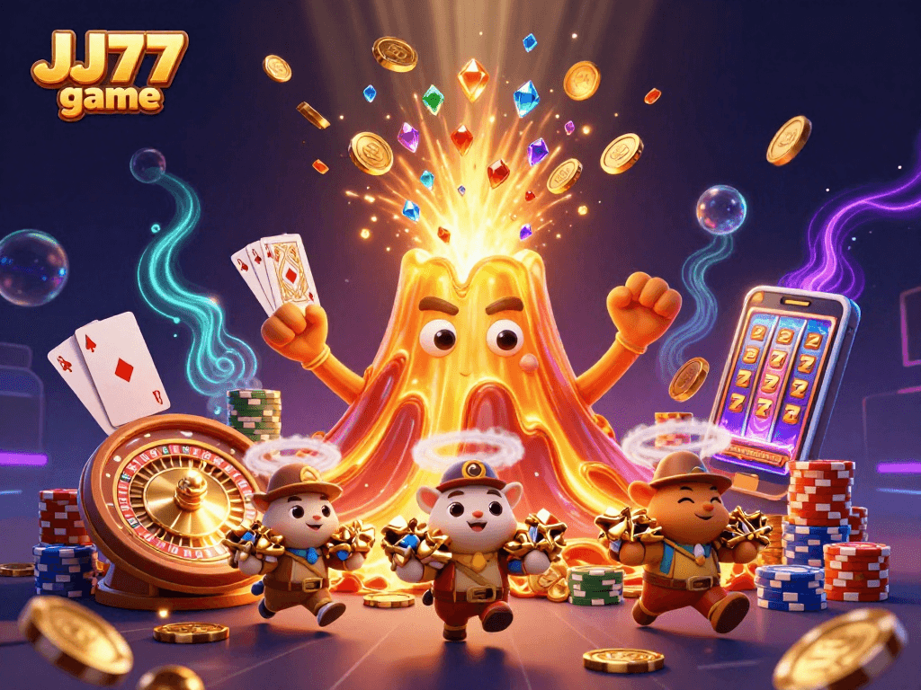 Experience the thrill of the JJ77 game with a dynamic 3D illustration of treasure and excitement.