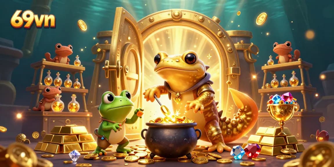 Experience the magic at 69vn with golden coins and treasures from a whimsical casino scene.