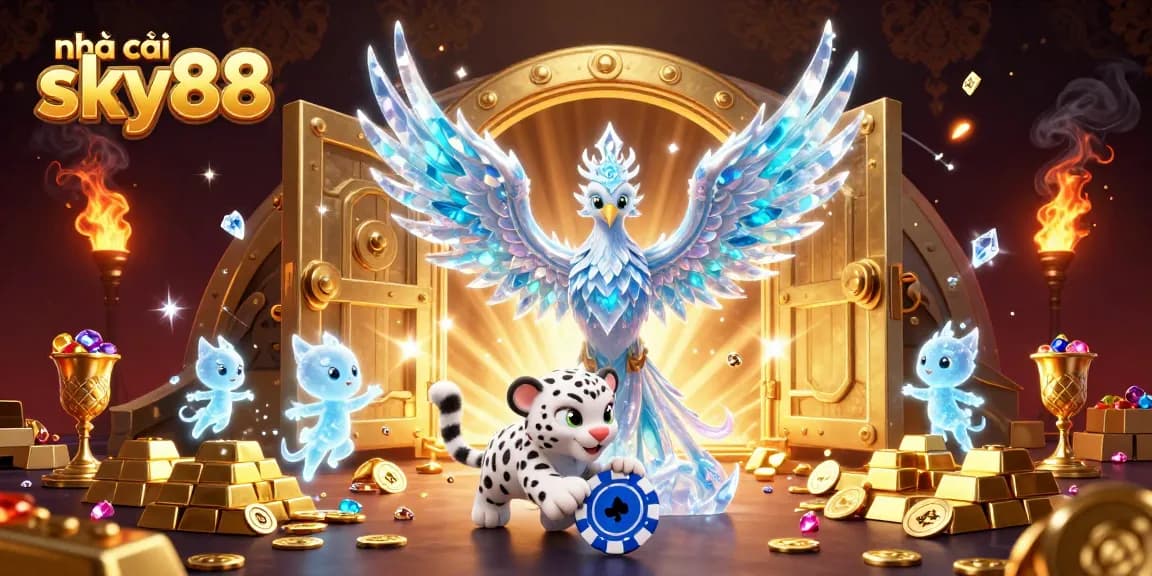 Experience thrilling slots at nhà cái sky88 with vibrant casino characters in a prismatic treasure scene.
