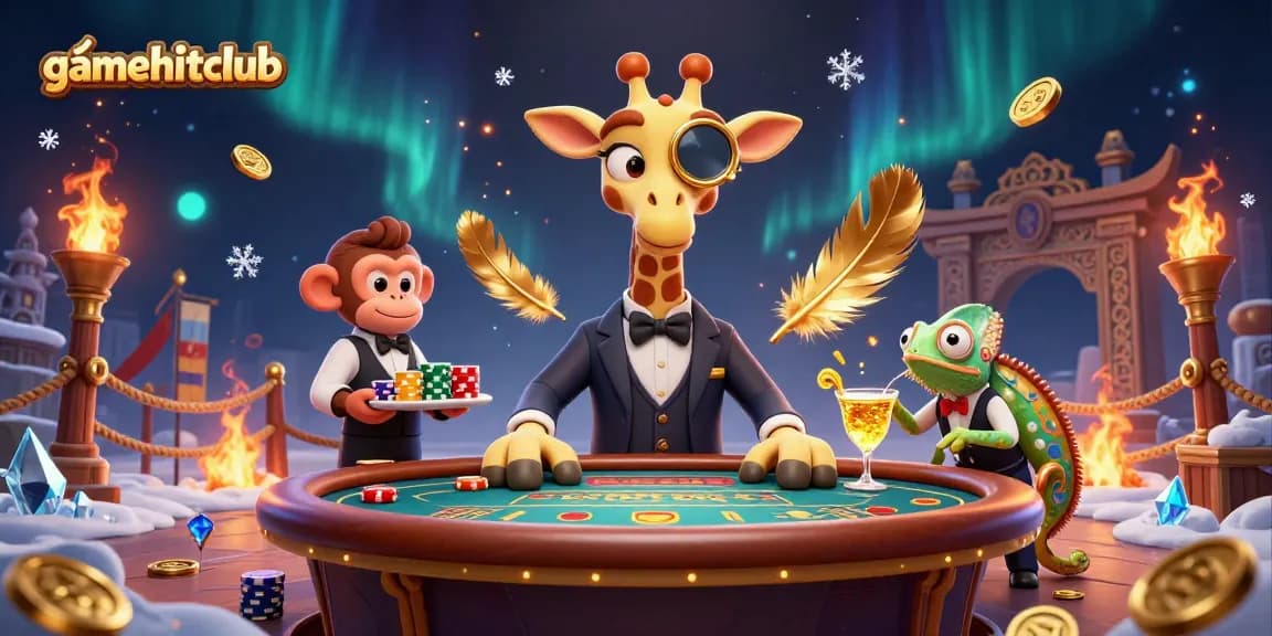 Experience thrilling gaming at gamehitclub with a high-roller giraffe, monkey valet, and chameleon bartender in a vibrant casino scene.