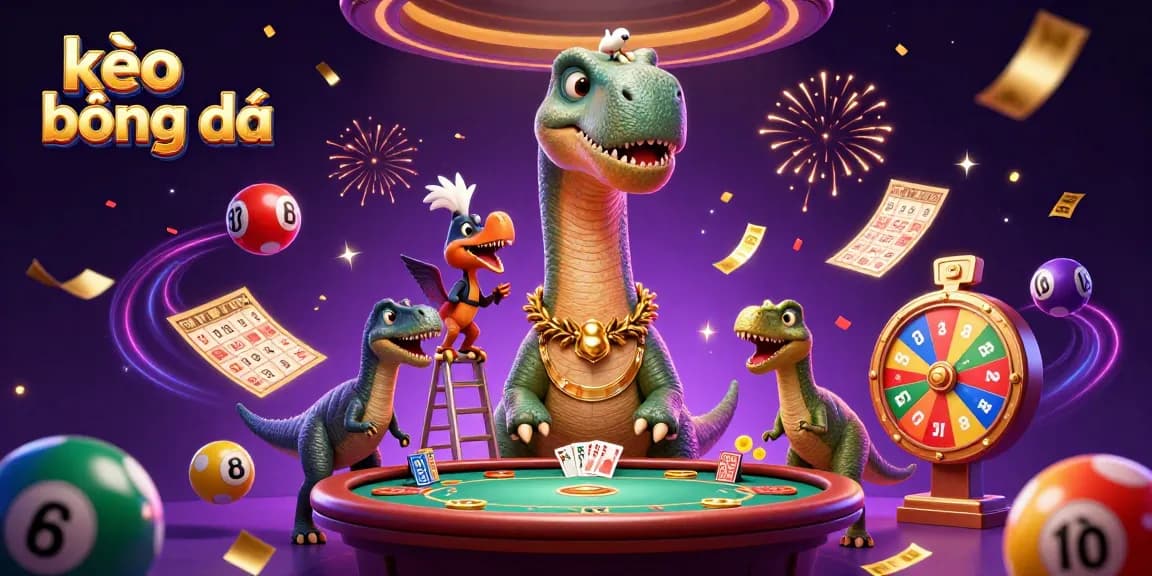 Engage in kèo bóng đá as the brontosaurus watches over a vibrant casino scene filled with colorful betting elements.