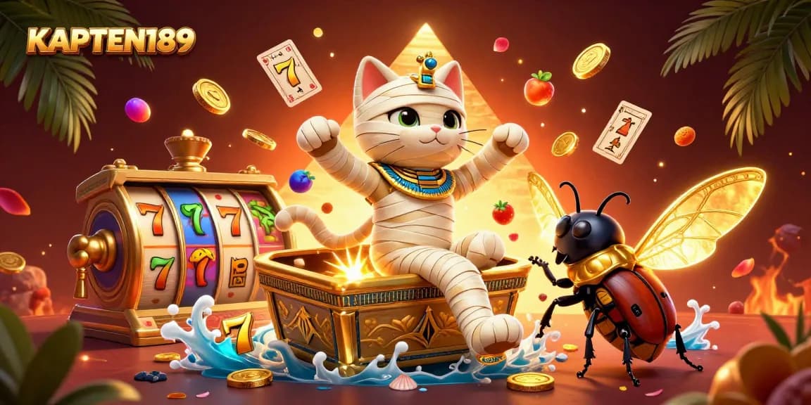 KAPTEN189 menyajikan ilustrasi kasino yang menampilkan kucing mesir dan elemen slot yang menakjubkan.