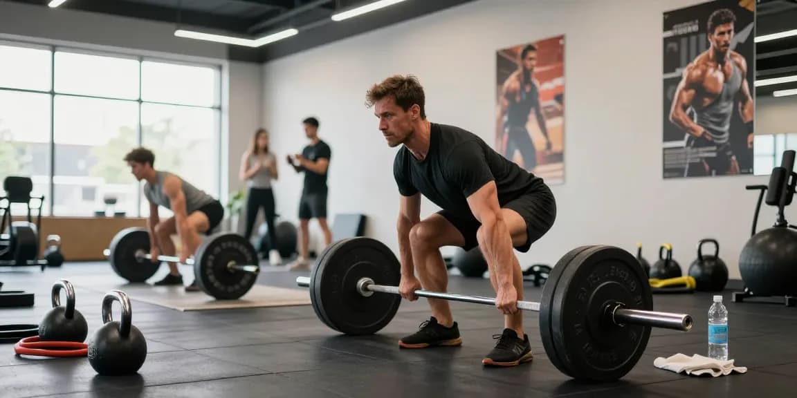 Een krachtige training bij Unique Pharma Shop, man in sportoutfit tilt gewichten met een gemotiveerde sfeer.