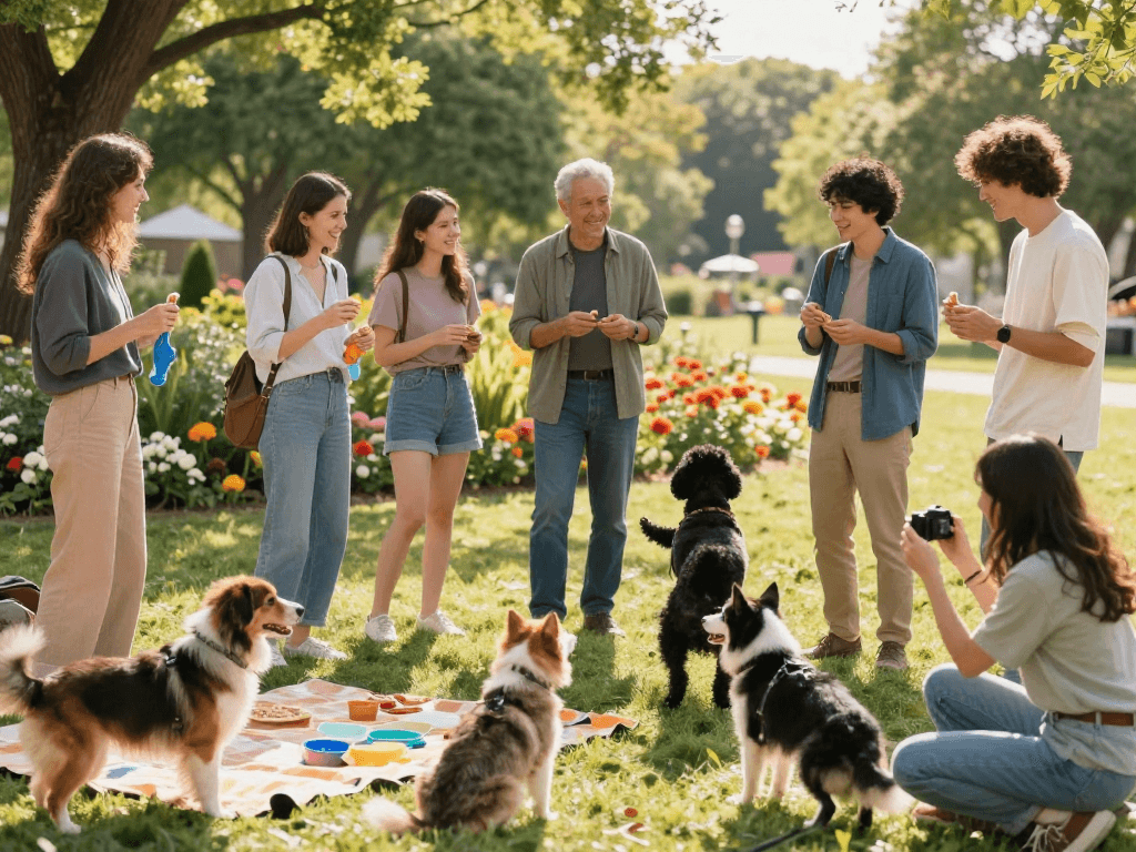 Engaged pet lovers sharing stories at a park, promoting community through rokok88 slot discussions.