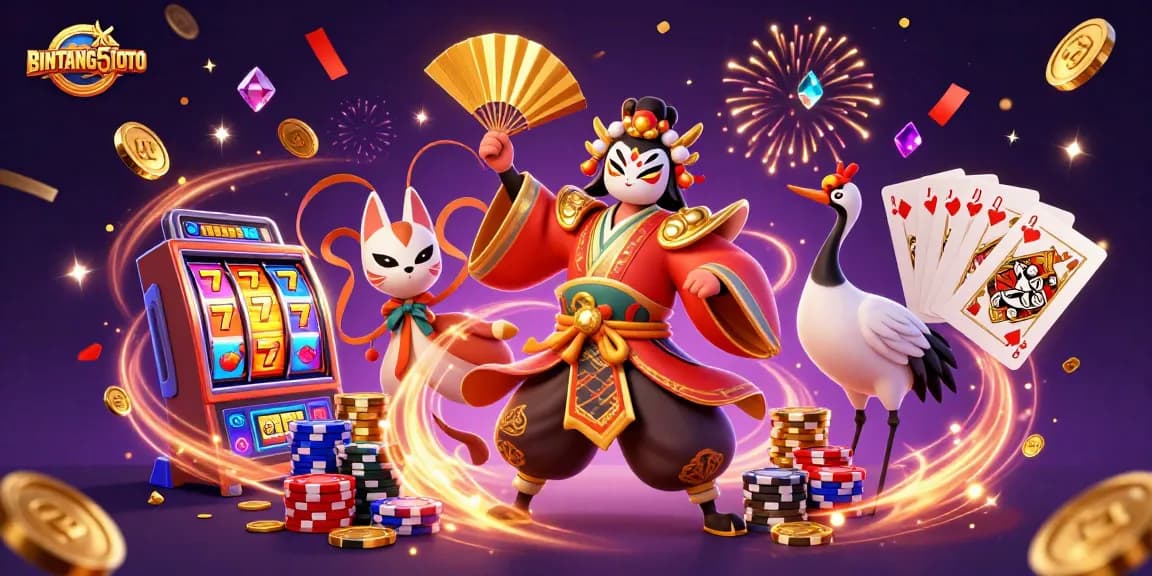 BINTANG5TOTO captivates with vibrant 3D characters and slot elements, celebrating wins.