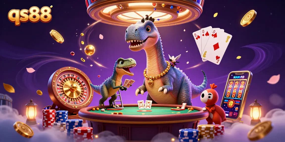 Experience the vibrant world of qs88 with a dynamic 3D casino illustration full of characters and gaming elements.