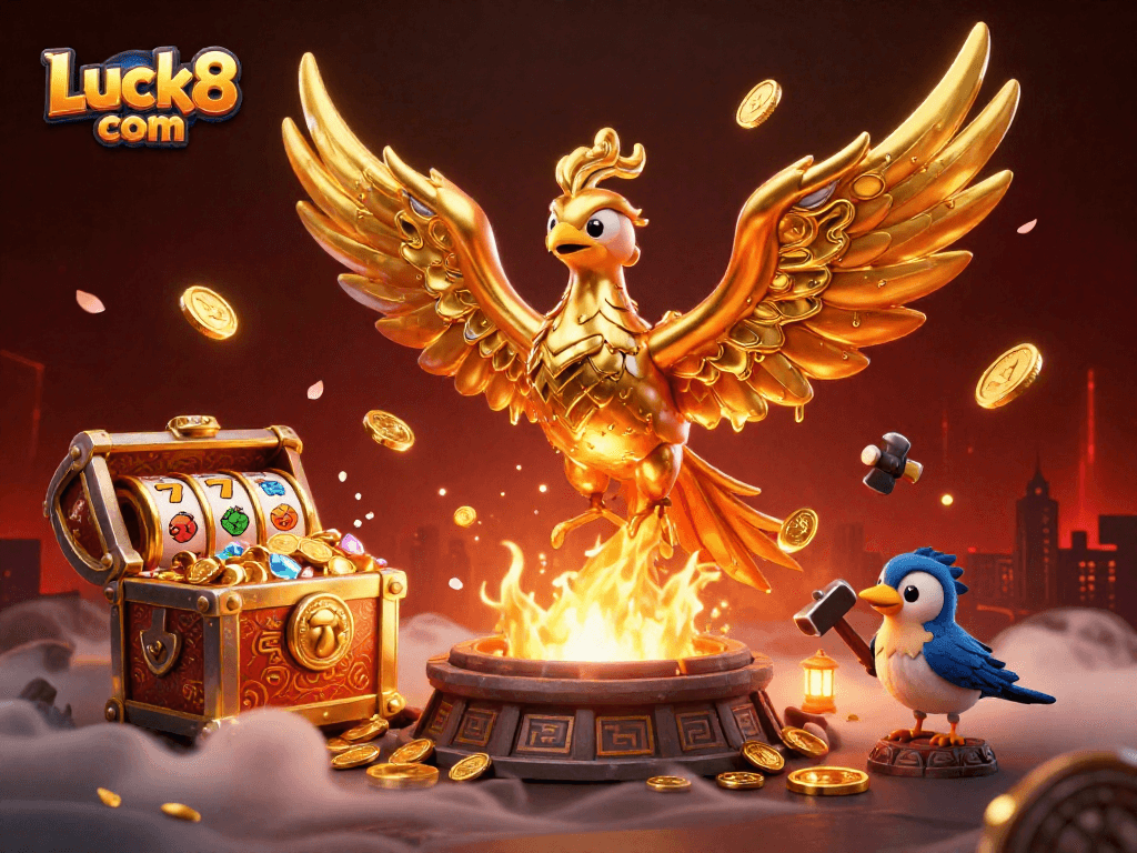 Luck8 com showcases a golden phoenix amid casino treasures, celebrating winning strategies.