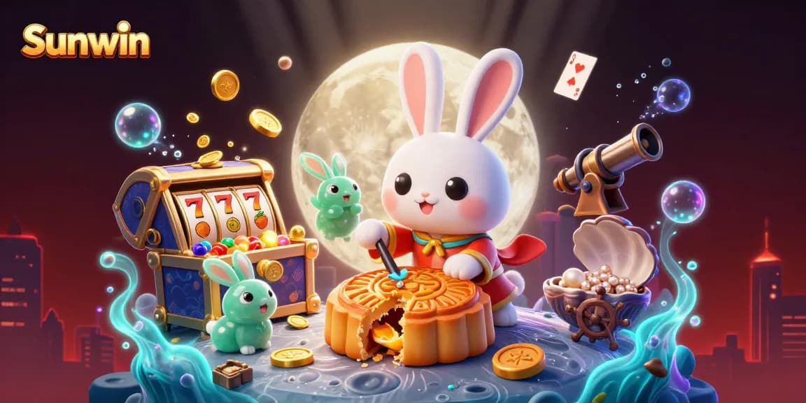 Engage with Sunwin's exciting gaming universe featuring a moon rabbit and poker chips in vibrant detail.