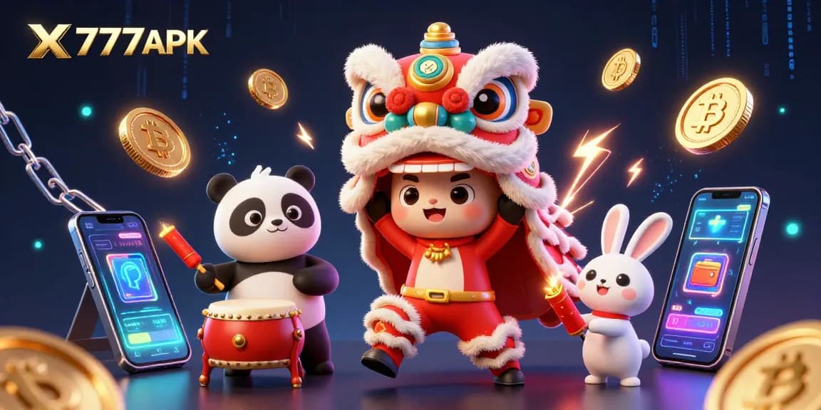 X777 APK celebrates mobile gaming with a colorful casino scene showcasing characters, coins, and dynamic game elements.