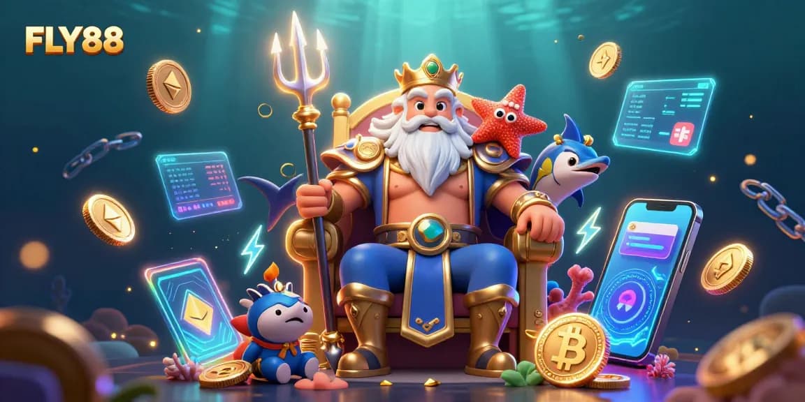 Engage with FLY88's vibrant underwater casino world, featuring Neptune and colorful crypto elements.