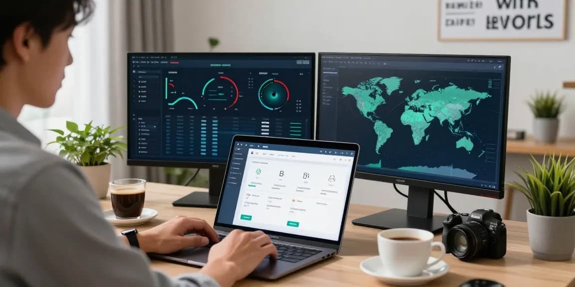 快连 application interface displayed on multiple screens in a modern home office.