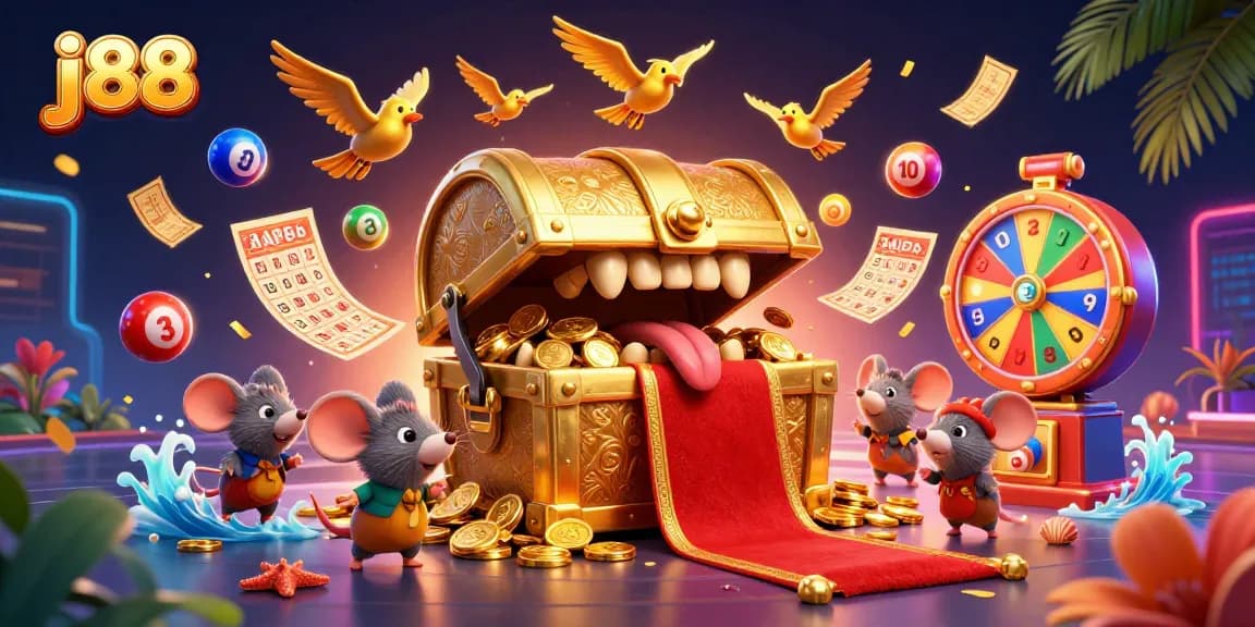 Engage with j88's vibrant lottery experience, featuring dynamic elements and captivating 3D illustrations.
