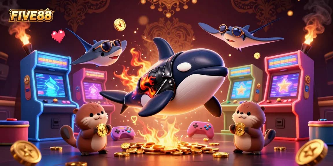 FIVE88 showcases thrilling gaming action with a colorful orca, stingray, and playful sea otters.