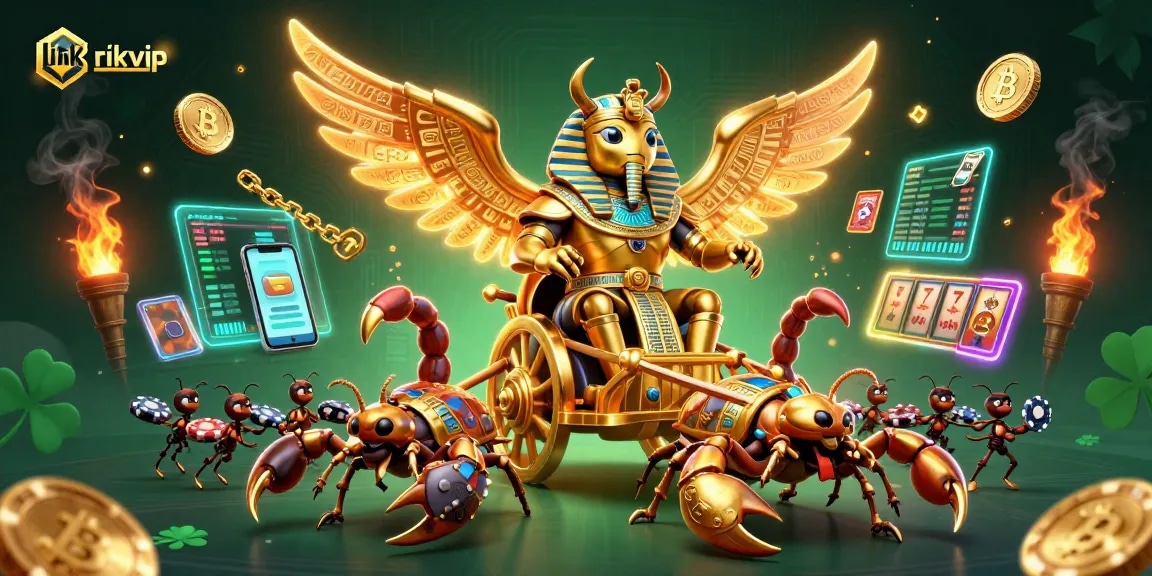 Join the excitement with link rikvip, featuring a golden scarab beetle and scorpions amidst vibrant casino elements.