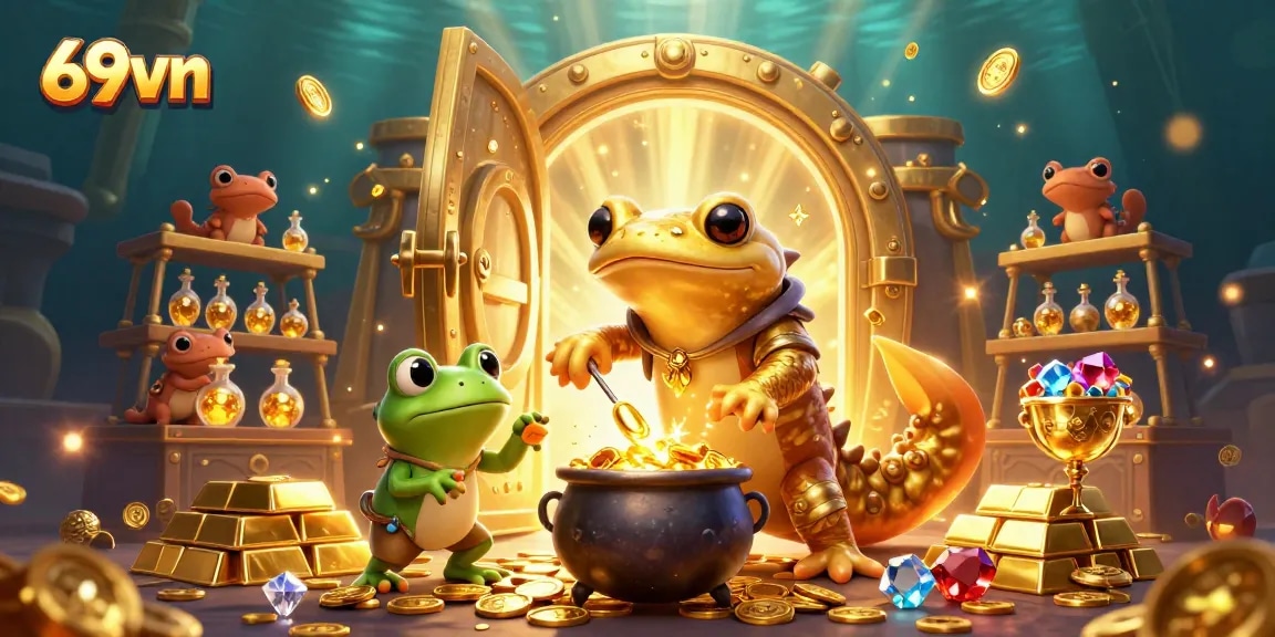 Experience the magic at 69vn with golden coins and treasures from a whimsical casino scene.