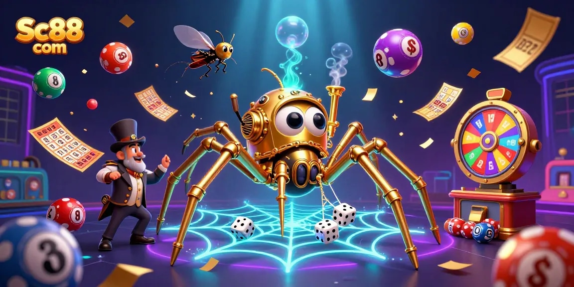 Catch the excitement of Sc88 com with a vibrant illustration of a steampunk spider in a dynamic casino scene.