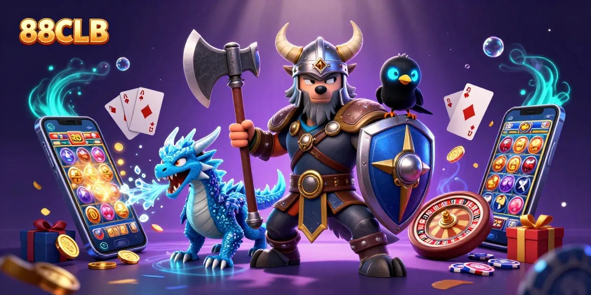 Experience thrilling 88CLB gaming with dynamic slot games, a Viking warrior, dragon, and fantasy elements.