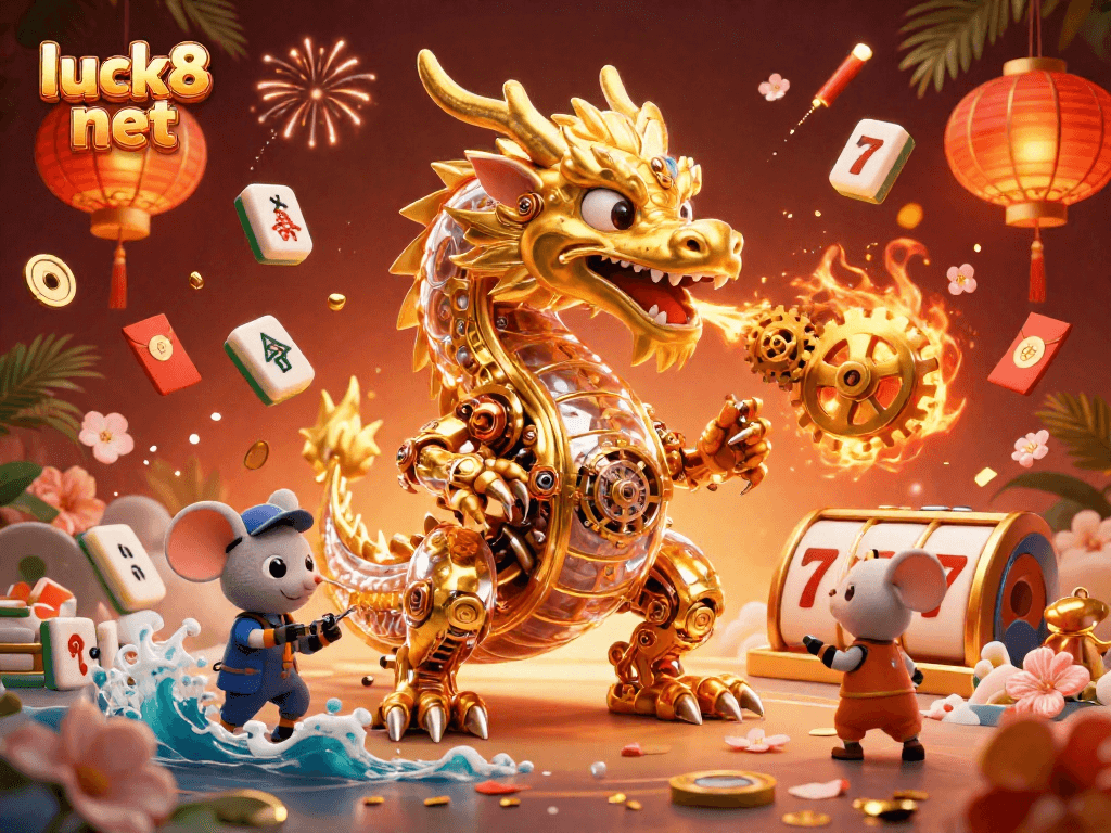 Enjoy the thrill of gambling at luck8 net with a vibrant illustration of a golden dragon surrounded by lucky symbols.