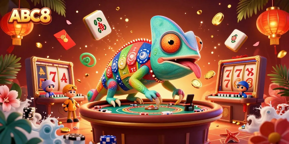 Experience thrilling gameplay at ABC8 with a vibrant 3D illustration of a colorful casino scene.