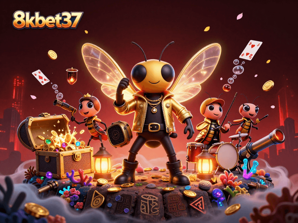 Engage in thrilling games at 8kbet37 with a vibrant 3D scene featuring an animated rock star and energetic game elements.