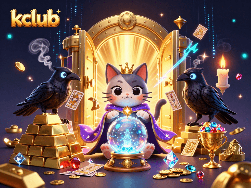 Kclub's enchanting 3D scene showcases a mystic fortune teller cat, a tarot-dealing raven, and shimmering treasures.