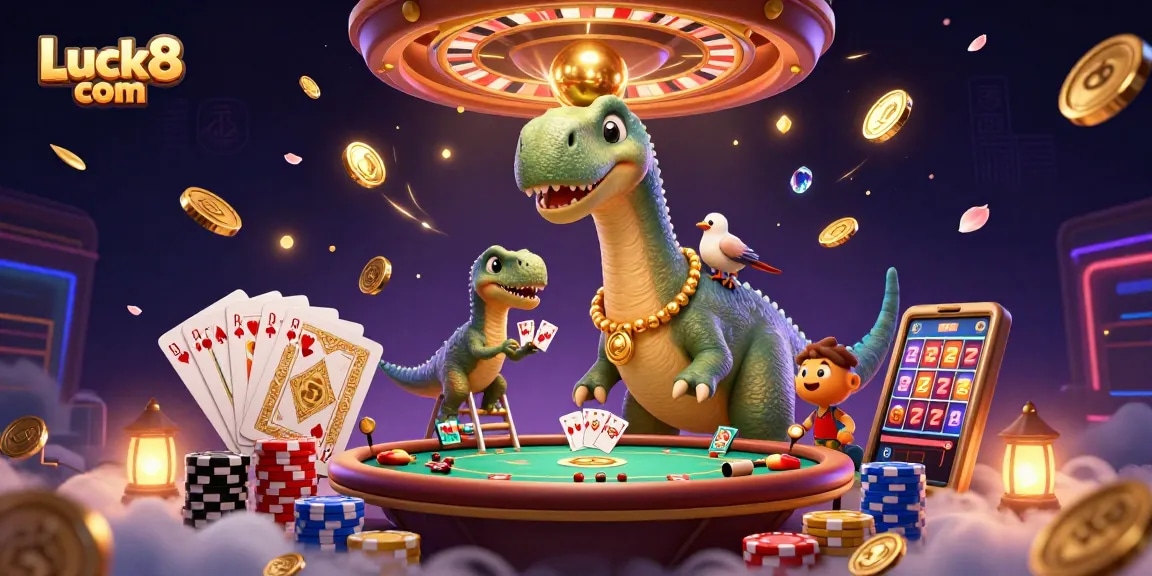 Experience Luck8 com with a vibrant illustration of a brontosaurus and dealer in a dynamic casino scene.