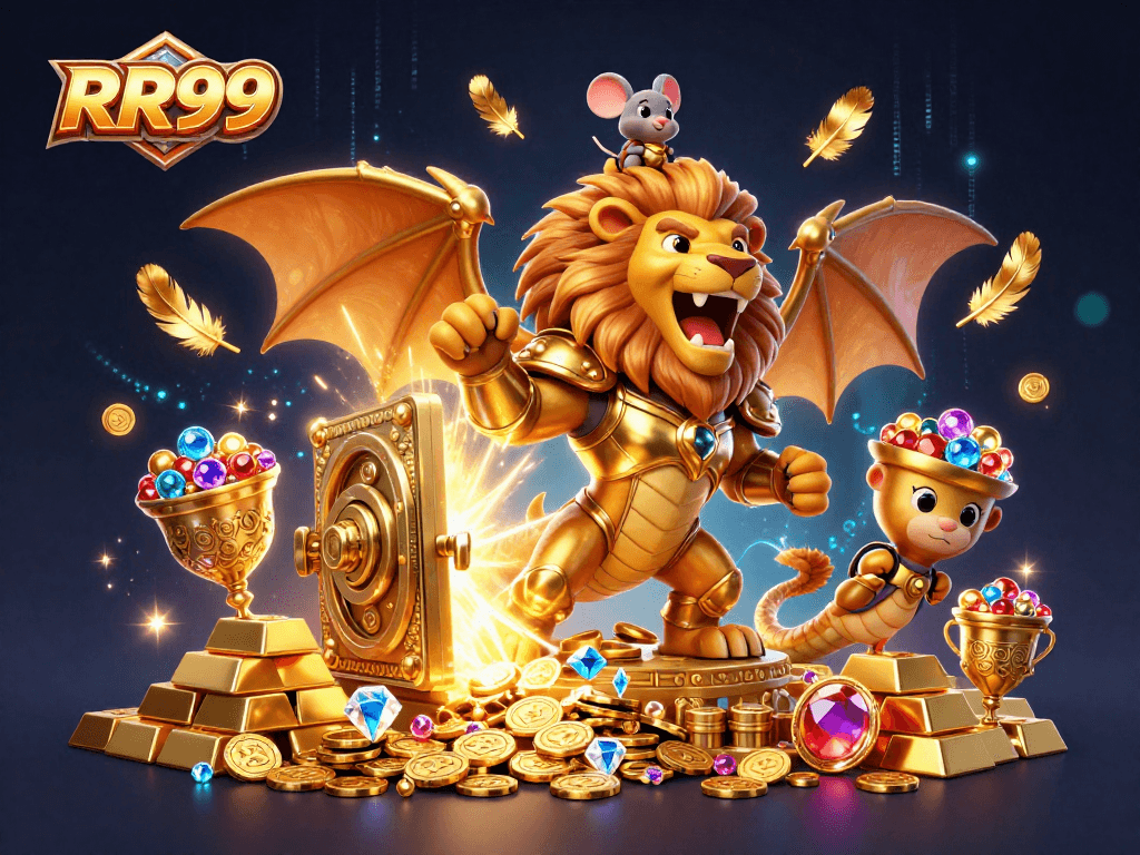 RR99 features a chimera celebrating amidst treasures, highlighting secure gambling adventures.