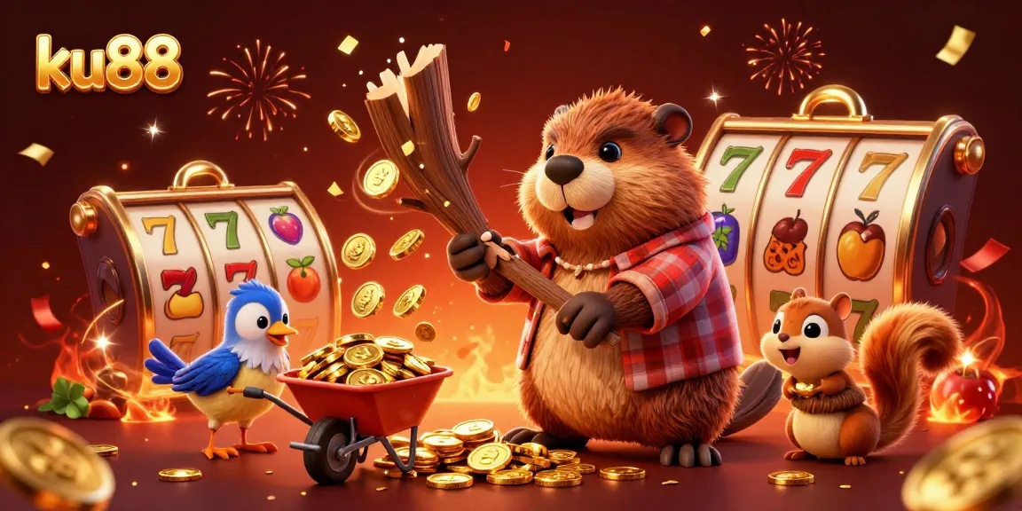 ku88 players engaging with a vibrant 3D casino illustration featuring a beaver and colorful slot elements.