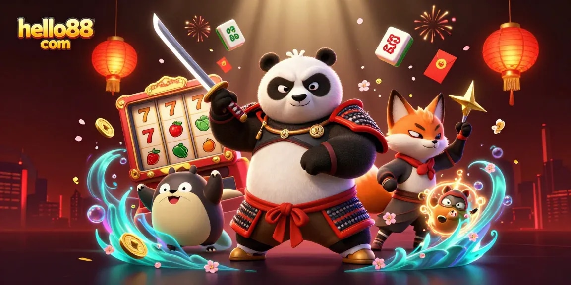 Spin and win with hello88 com's vibrant 3D casino scene featuring slot reels and dynamic characters.