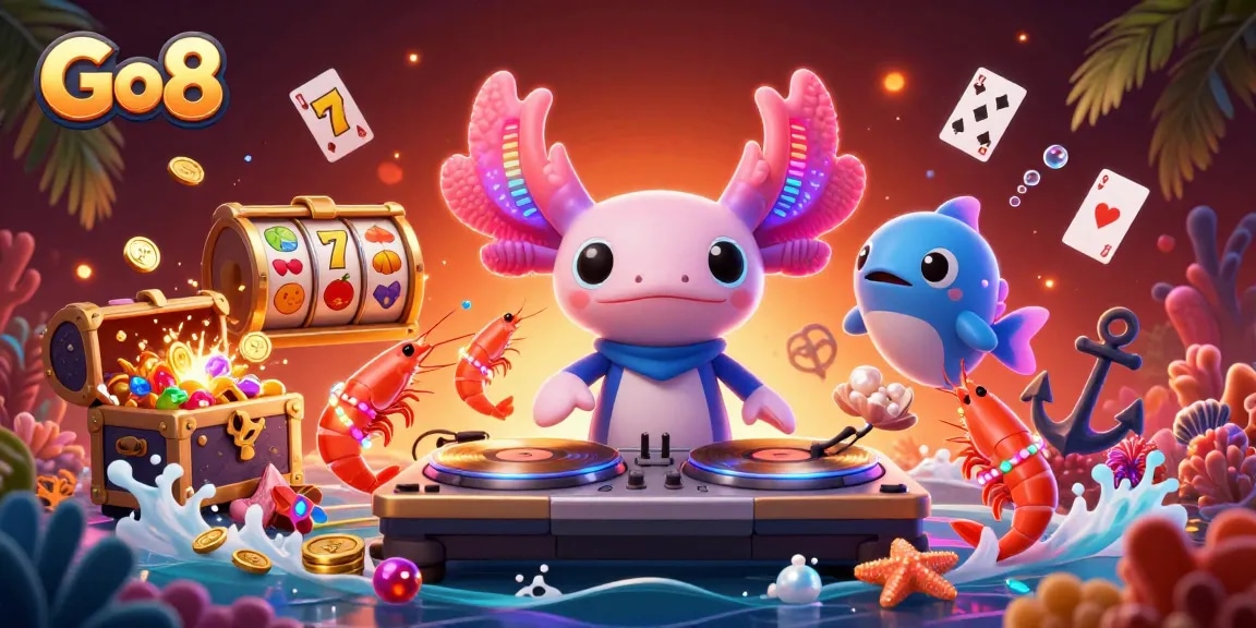Go8 showcases an exciting slot-themed underwater fantasy with vibrant characters and casino elements.