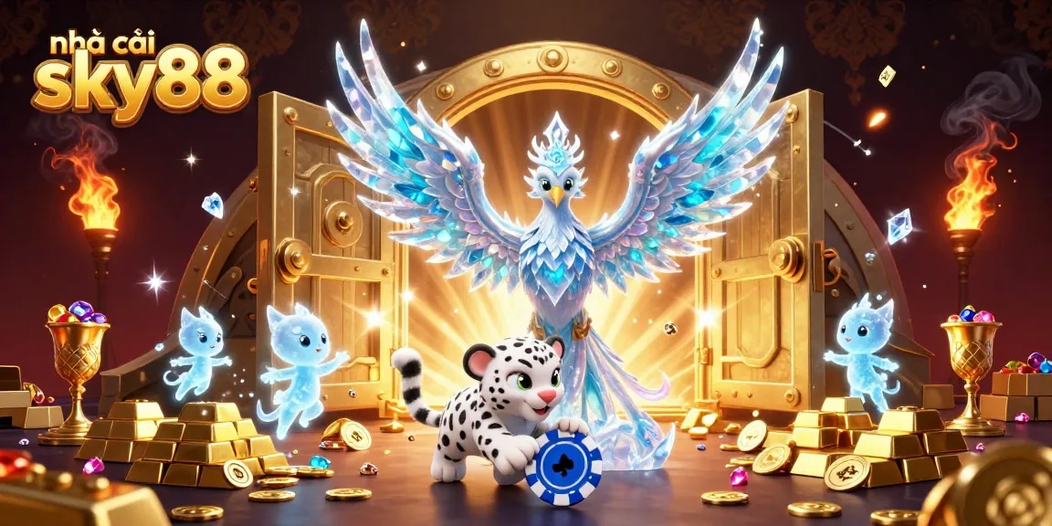 Experience thrilling slots at nhà cái sky88 with vibrant casino characters in a prismatic treasure scene.