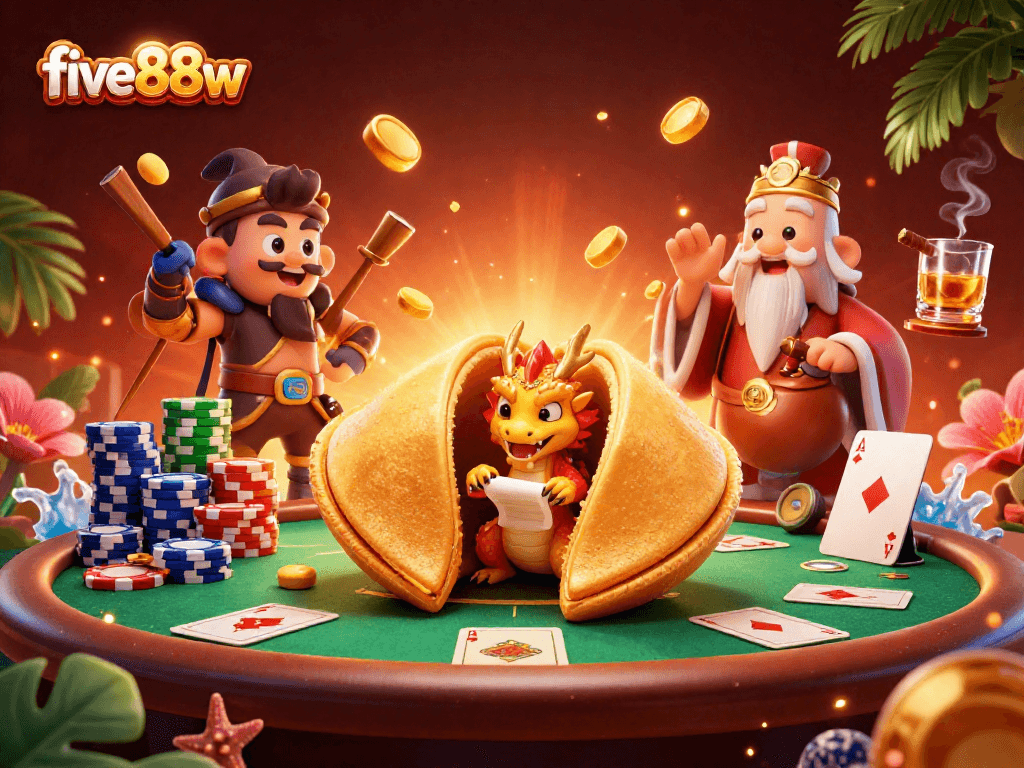 Engage with five88w's thrilling poker action, featuring a vibrant 3D dragon and fortune cookie theme.