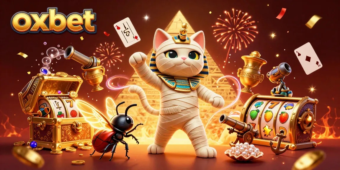 Spin to win with oxbet at a vibrant pyramid casino featuring a cartoon mummy cat and treasure galore.