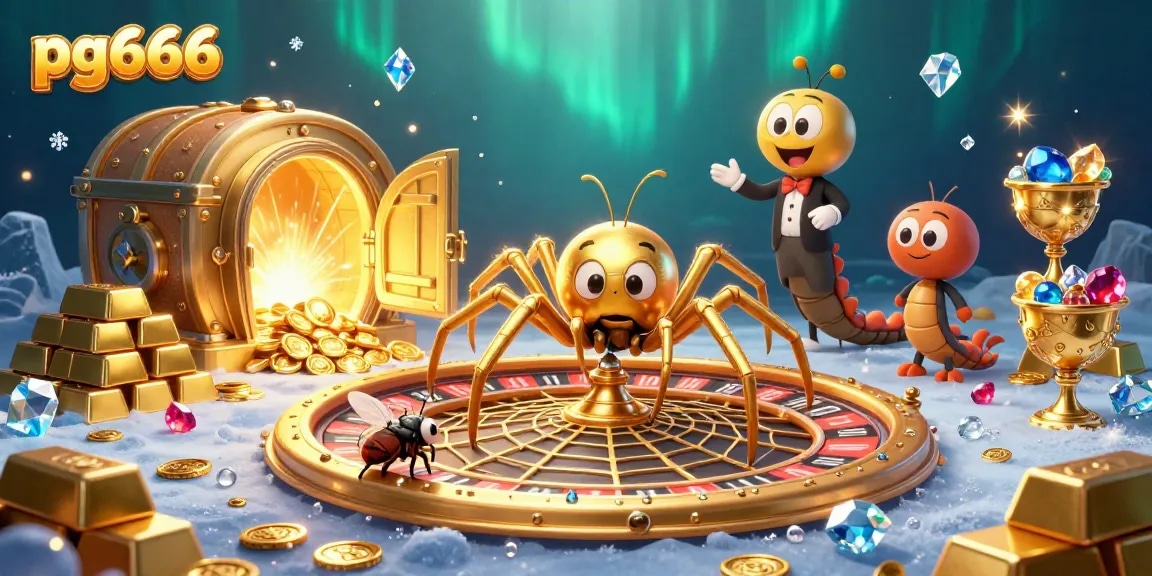 Engage in gaming excitement at pg666 with a colorful roulette wheel and treasure.