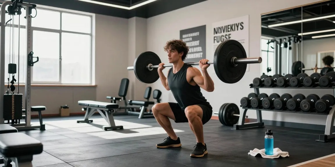 Prime Pharma Steroïden Winkel gymnast in moderne sportschool, krachttraining met halter, motiverende sfeer.