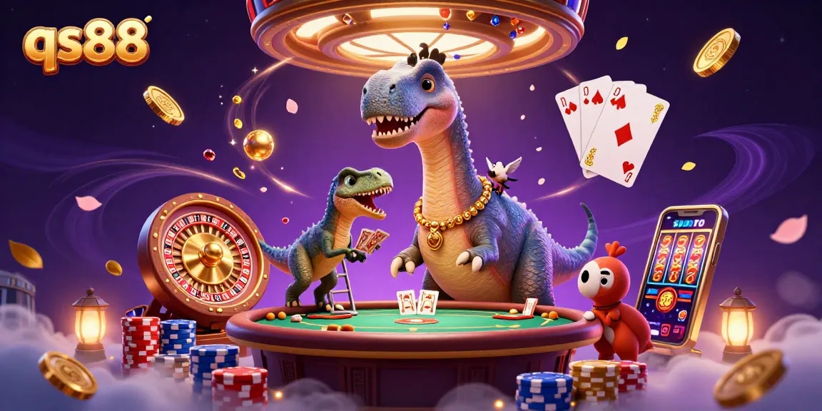 Experience the vibrant world of qs88 with a dynamic 3D casino illustration full of characters and gaming elements.