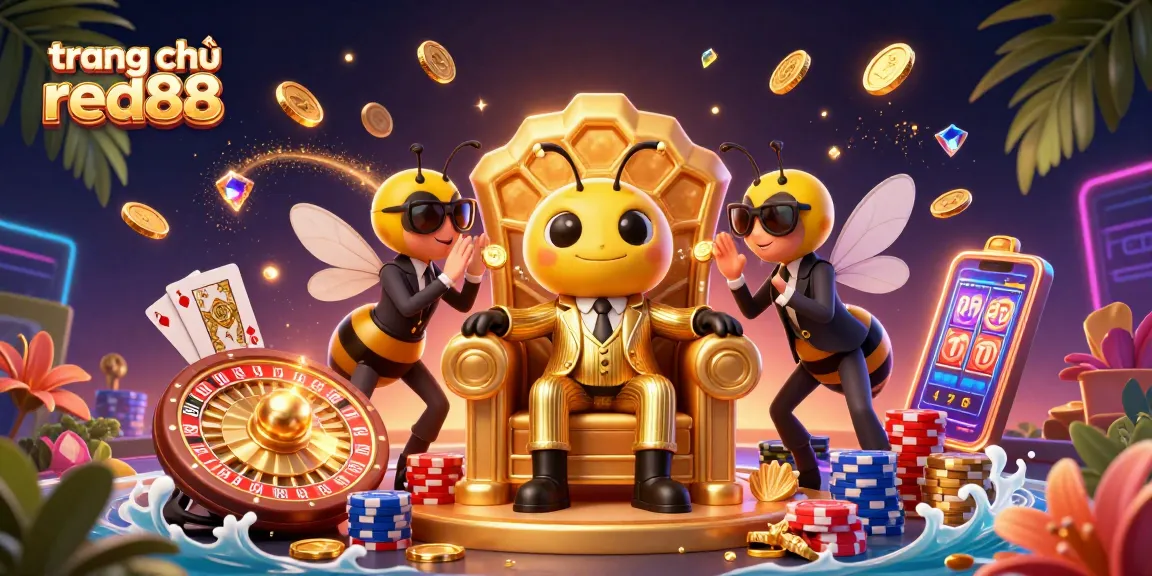 Experience exciting games at trang chủ red88 featuring a buzzing casino scene with vibrant characters and golden rewards.